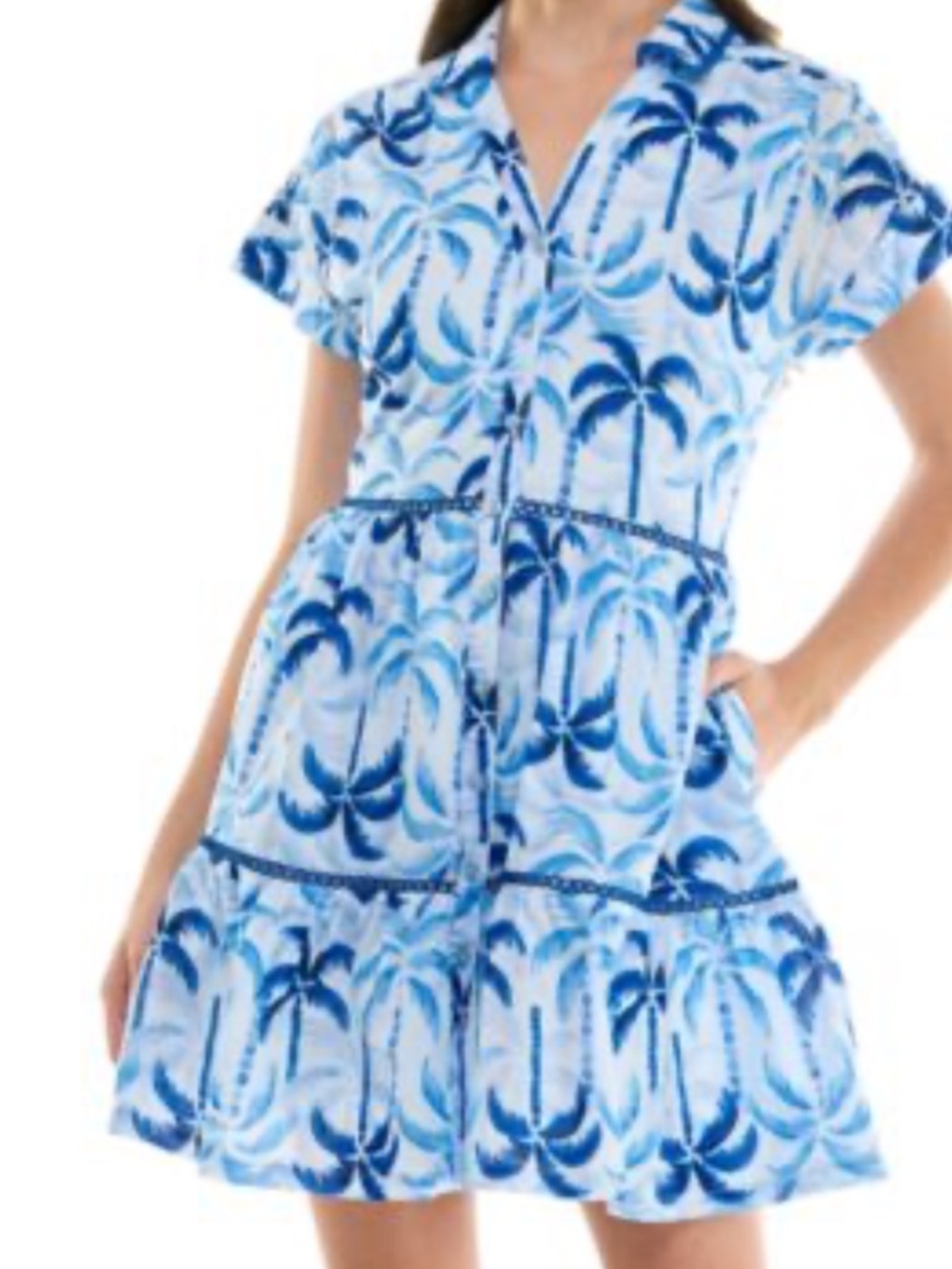 Taylor Floral Tiered Button-Front Mini Dress blue white palm cotton  size 16
